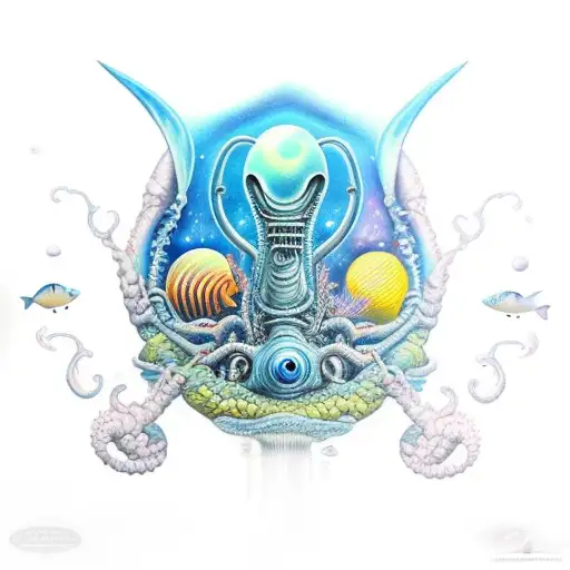 sleeve of underwater scene full color, alien in space, random sea animals tattoo design idea