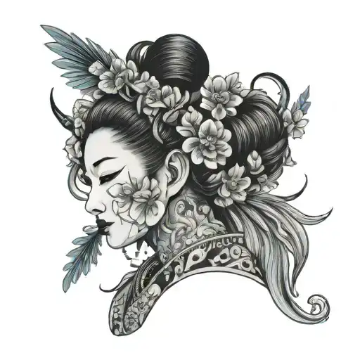 geisha face straight spine surrounded tattoo design idea
