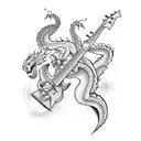 A fierce dragon playing a bass guitar in blackwork style tattoo design idea