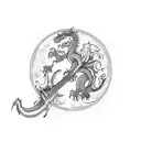 A fierce dragon playing a bass guitar in blackwork style tattoo design idea