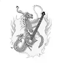 A fierce dragon playing a bass guitar in blackwork style tattoo design idea