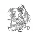A fierce dragon playing a bass guitar in blackwork style tattoo design idea