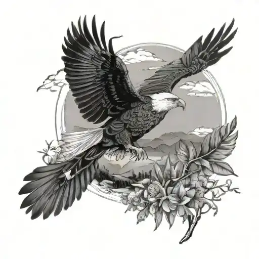 A majestic eagle soaring over a lush New Zealand landscape, showcasing the harmony between wildlife and nature tattoo design idea