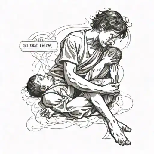 create a tattoo where its showing the birthdate 21/06/2005 and a boy being held by mother in hospital. with god tattoo design idea