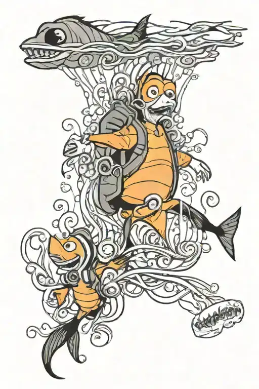 Marlin from finding Nemo with Rory navigating a field of jellyfish tattoo design idea