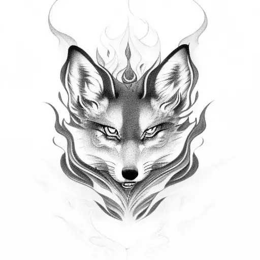 A black-grey tattoo of a majestic Kitsune in mid-transformation, surrounded by swirling smoke tattoo design idea