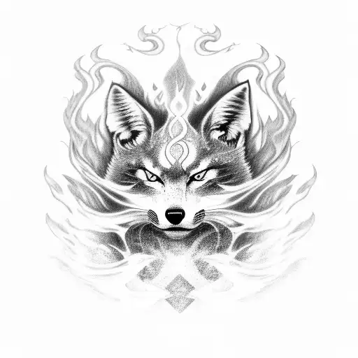 A black-grey tattoo of a majestic Kitsune in mid-transformation, surrounded by swirling smoke tattoo design idea