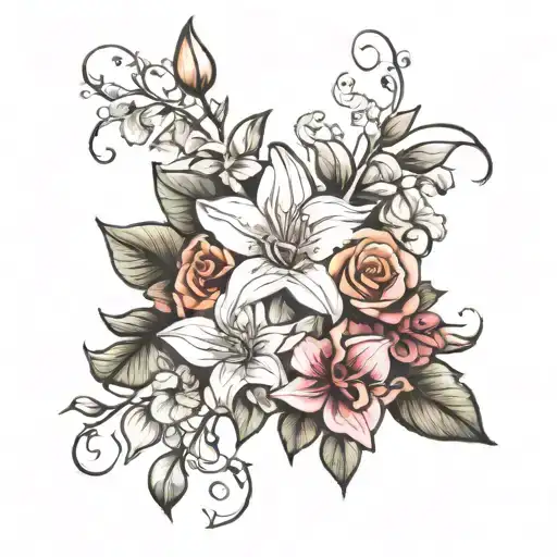 roses, lilies, gardenia, and orchids with name  tattoo design idea
