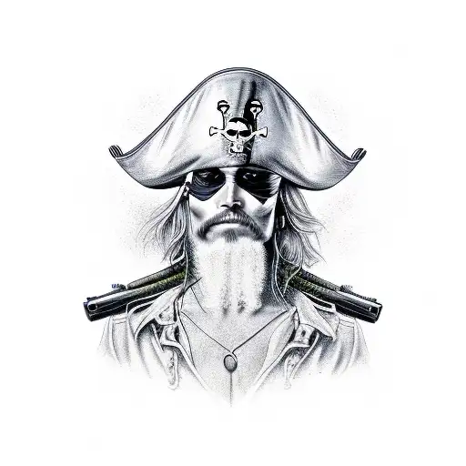 Pirate,holding two guns with a bandana, and a hat, without showing his face. tattoo design idea