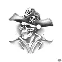 Pirate,aiming with two guns with a bandana, and a hat, without showing his face. tattoo design idea