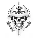 Pirate,aiming with two guns with a bandana, and a hat, without showing his face. tattoo design idea