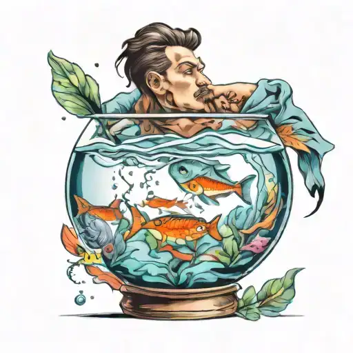 human swimming in a fish bowl tattoo design idea