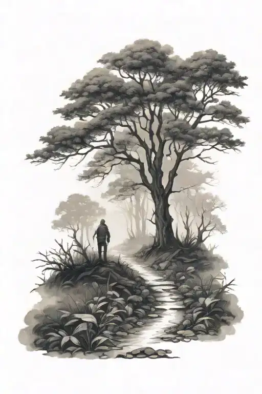 man at the end of a forest path in the mist tattoo design idea