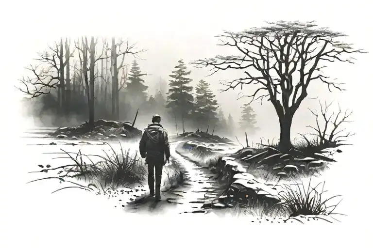 man at the end of a forest path in the mist, book on the ground with the letter D tattoo design idea