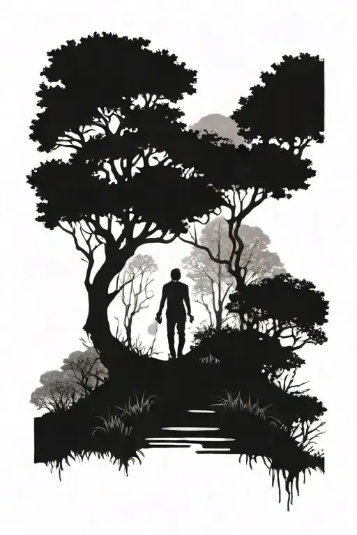man at the end of a forest path in the mist tattoo design idea