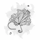 6 tea leaves on a long vine where one leaf is a maple leaf another a dog paw one a treble clef and the rest tea leaves  tattoo design idea