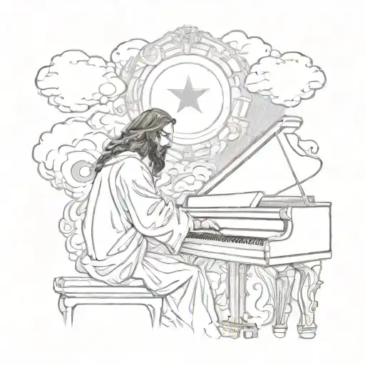 A detailed portrait of Jesus playing a grand piano surrounded by heavenly clouds tattoo design idea