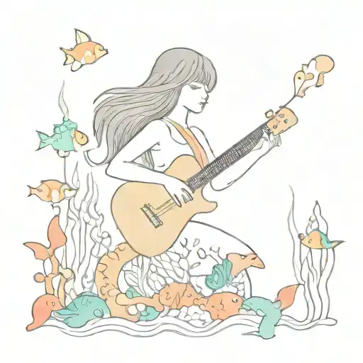 An underwater scene with a mermaid playing a guitar among colorful fish and coral reefs tattoo design idea
