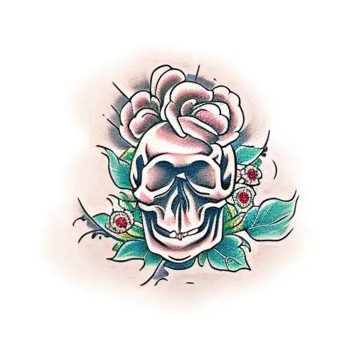 A traditional style tattoo of a skull with flowers blooming from its eye sockets and a guitar in its hands tattoo design idea