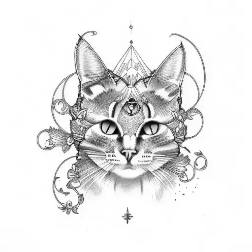 cat skull with larkspur tattoo design idea