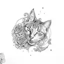 cat skull with larkspur tattoo design idea