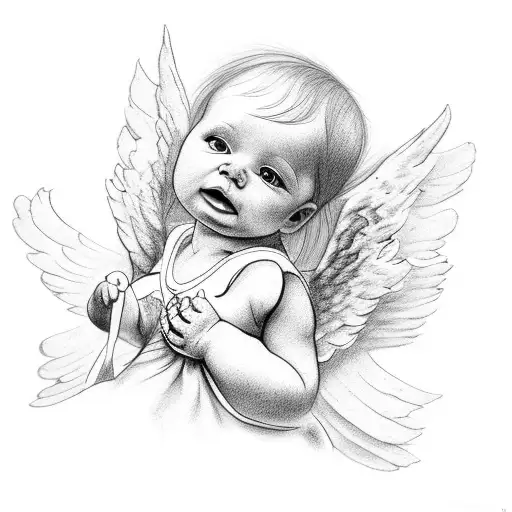 A baby angel with broken wings playing with a dollhouse tattoo design idea