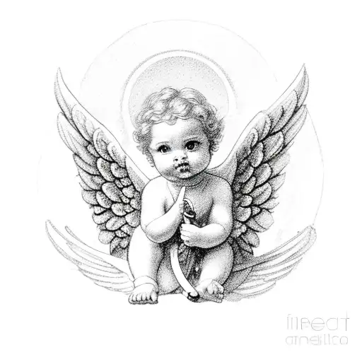 A cherubic angel sitting on the rooftop of a house, playing a harp tattoo design idea