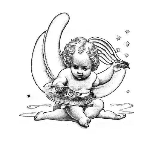 A cherubic angel sitting on the rooftop of a house, playing a harp tattoo design idea