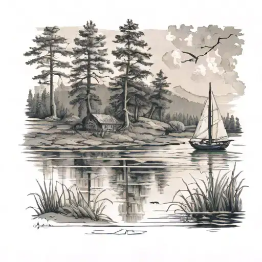 a small lake with a sailboat on it and an ox drinking at the edge of the lake tattoo design idea