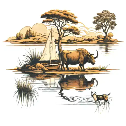 a small lake with a sailboat on it and an ox drinking at the edge of the lake tattoo design idea
