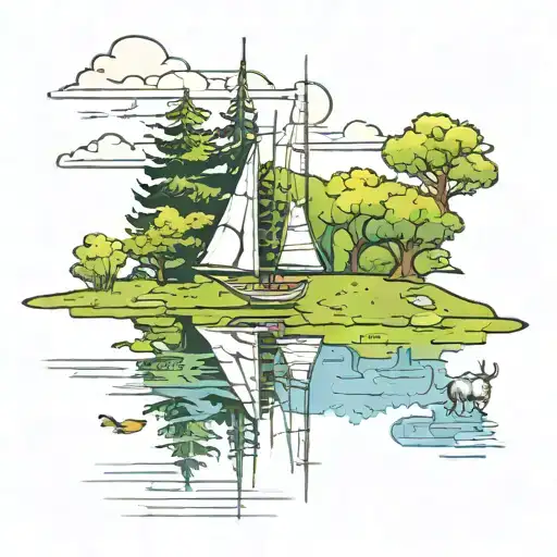 a small lake with a sailboat on it and an ox drinking at the edge of the lake tattoo design idea