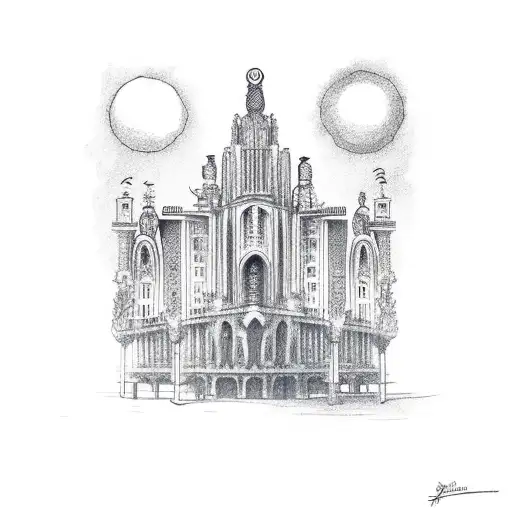 barcelona old building and sunset tattoo design idea