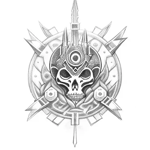 esqueleto azteca con espadas clavadas en la espalda desenterrandolas para pelear  tattoo design idea