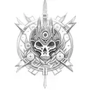 esqueleto azteca con espadas clavadas en la espalda desenterrandolas para pelear  tattoo design idea