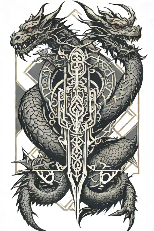 Dragon around sword surrounded tattoo design idea