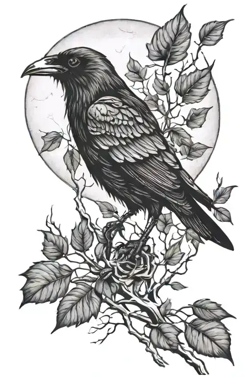 raven skeleton and leaves growing and moon tattoo design idea