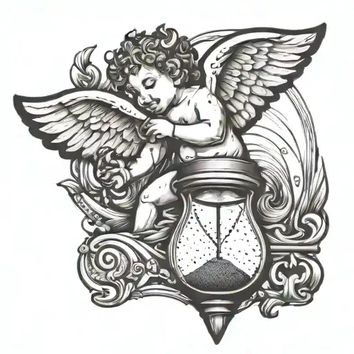  lower stomach tatto of a cherub aiming at an hourglass with the sand in the shape of love heart tattoo design idea