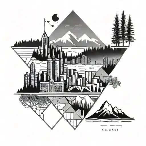 mix of Vancouver and Manchester skylines, with mountains, cedar trees and water tattoo design idea