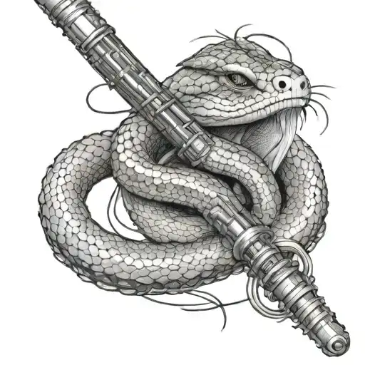 Create a dotwork tattoo of a lightsaber and a snake representing Slytherin intertwined tattoo design idea