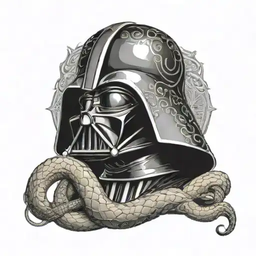 Create a dotwork tattoo of Darth Vader and a snake representing Slytherin intertwined tattoo design idea