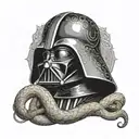 Create a dotwork tattoo of Darth Vader and a snake representing Slytherin intertwined tattoo design idea