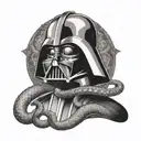 Create a dotwork tattoo of Darth Vader and a snake representing Slytherin intertwined tattoo design idea