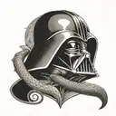 Create a dotwork tattoo of Darth Vader and a snake representing Slytherin intertwined tattoo design idea
