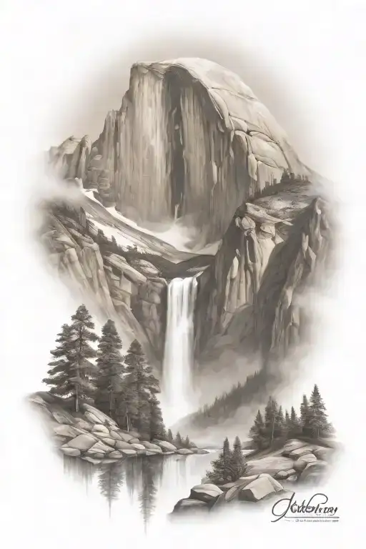 half dome below mt whitney  with waterfall hiking trail leading up from the bottom    tattoo design idea