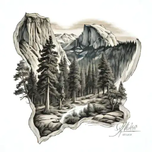 half dome John Muir trail winding through a forest tattoo design idea