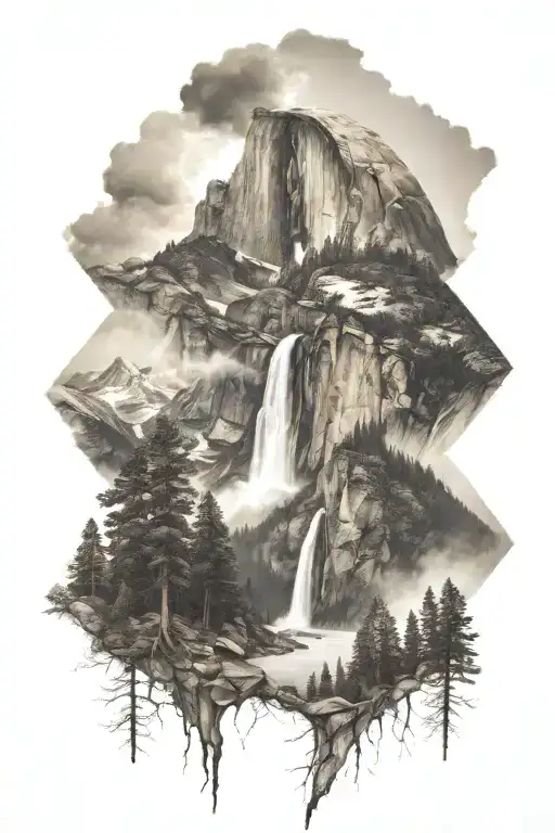half dome with john muir trail leading up to it with a waterfall in the centre and lightning in the sky  tattoo design idea