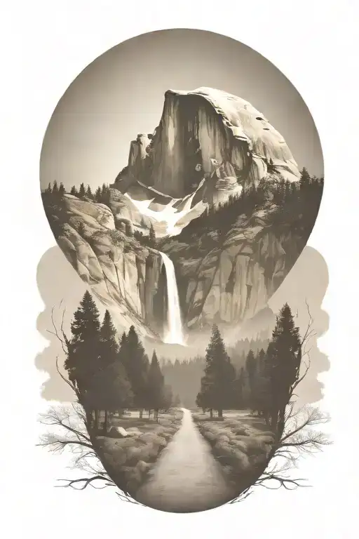 half dome with winding path leading up the middle with forests and trees  tattoo design idea