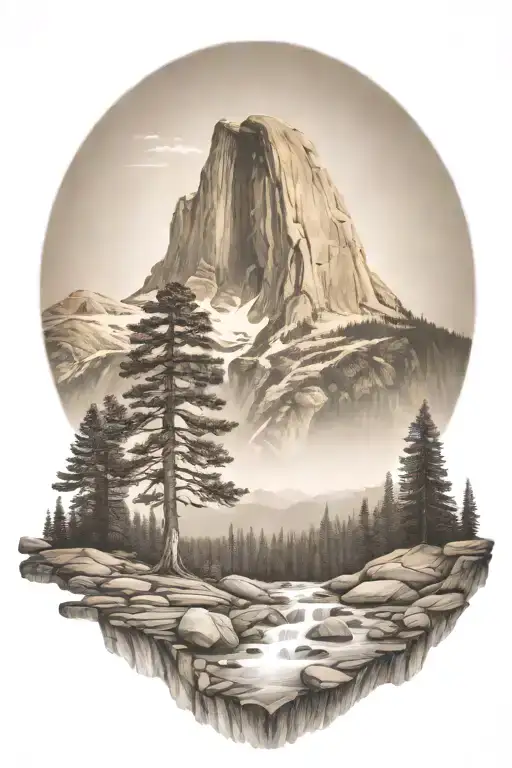 john muir trail theme with half dome and waterfall and hiking trail  tattoo design idea