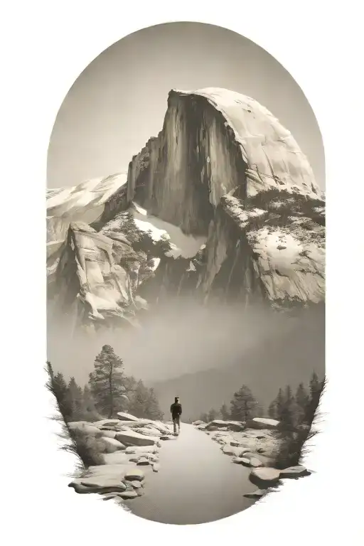 half dome with winding path leading up the middle with hiker siloutte  tattoo design idea