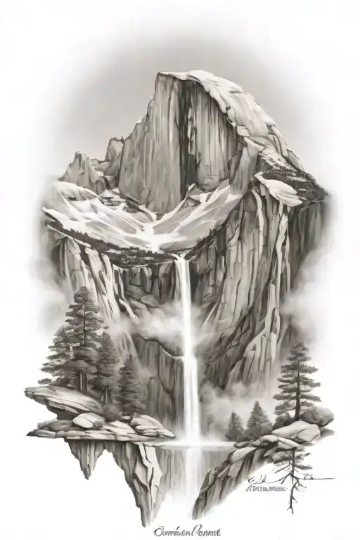 half dome below mt whitney  with waterfall and a trail leading up the middle tattoo design idea